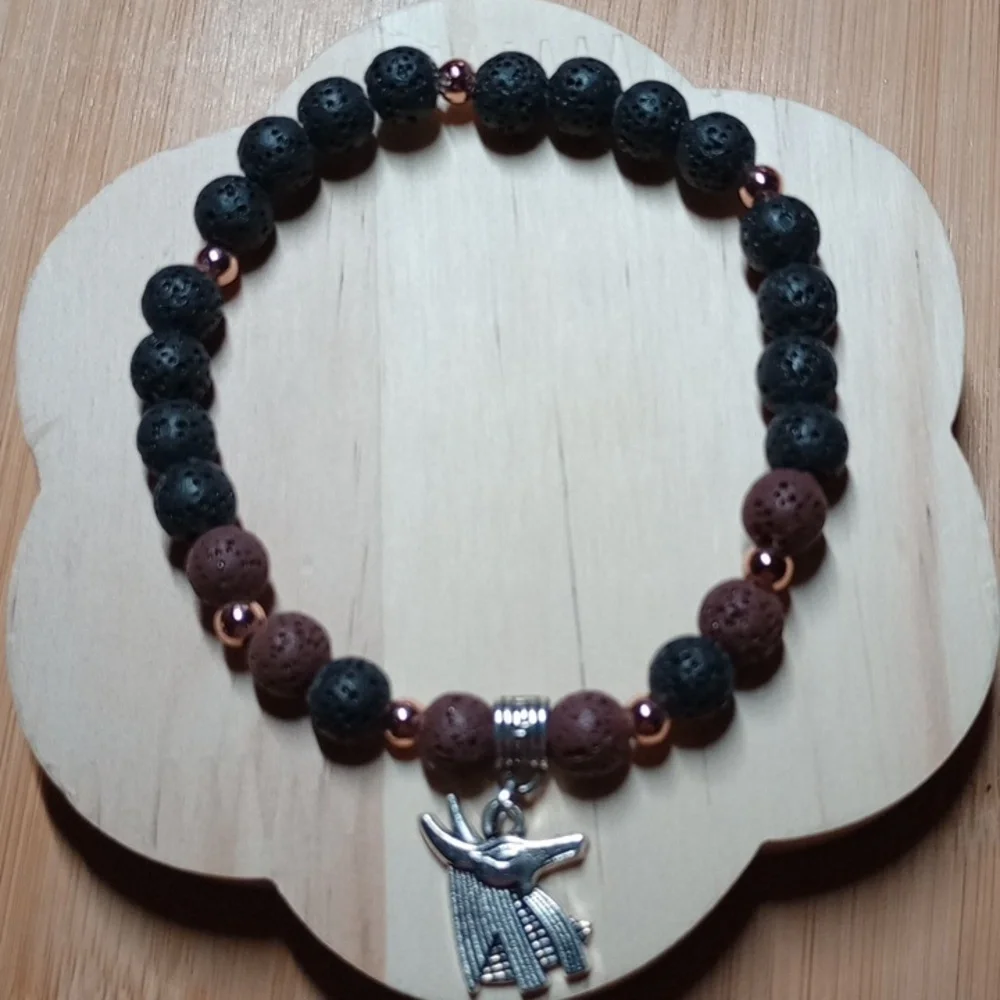 Anubis Charm And Lava Stone Beaded Bracelet - Black and Brown - Picture 1 of 4